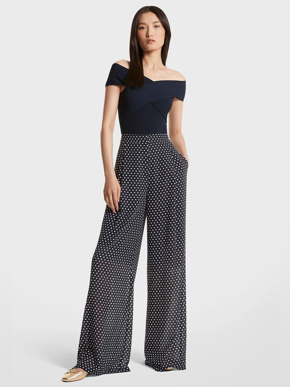 Beautiful black/white polka dot wide leg trouser pants